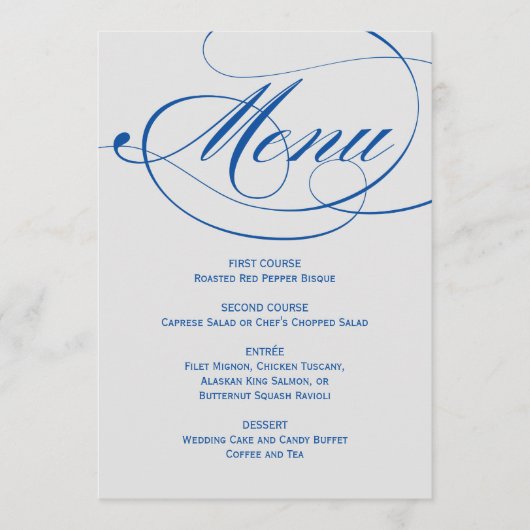 Elegant Blue Gray Calligraphy Script Weddenschap Menu (Voorkant)