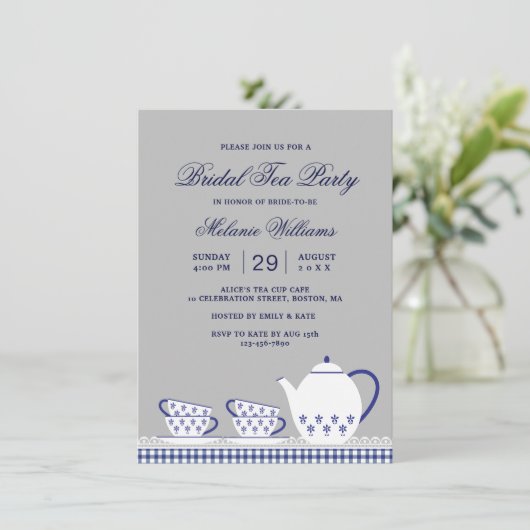 Elegant Blue Gray Floral Tea Party Vrijgezellenfee Kaart (Staand voorkant)