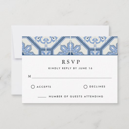 Elegant Blue Greek Tegel Wedding RSVP Kaartje (Voorkant)