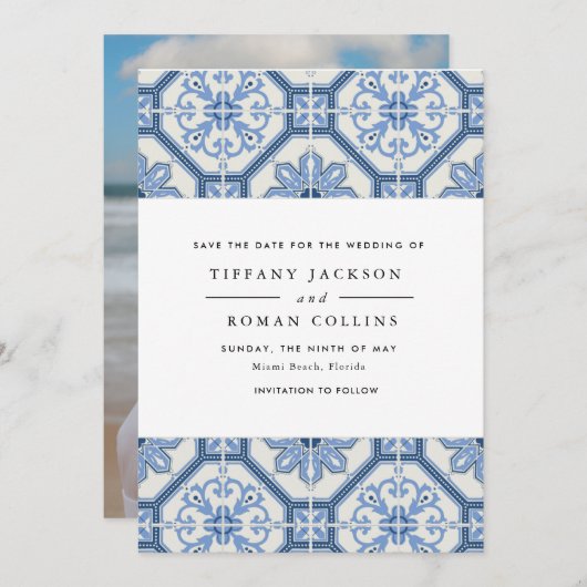 Elegant Blue Greek Tegel Wedding Save The Date (Voorkant / Achterkant)