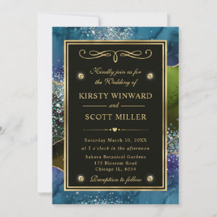 Elegant Blue, Green and Gold Glitter Agate Wedding Kaart