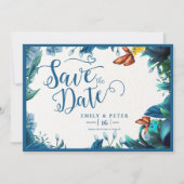 Elegant Blue Green Botanical Butterfly Wedding Save The Date (Voorkant)