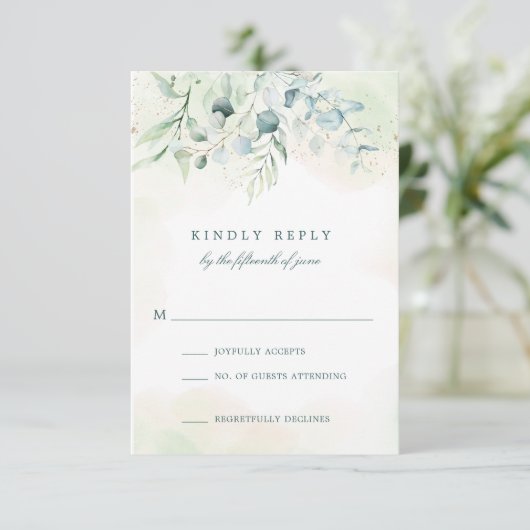 Elegant Blue Green Eucalyptus Greenery Wedding RSVP Kaartje (Staand voorkant)