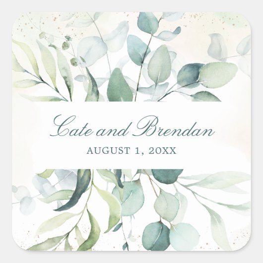 Elegant Blue Green Eucalyptus Greenery Wedding Vierkante Sticker (Voorkant)