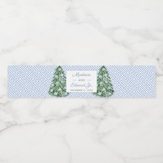 Elegant Blue Green Feestdagen Tree Wedding Shower Waterfles Etiket (Enkel label)