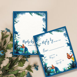 Elegant Blue Green Foliage Butterfly Wedding Reply RSVP Kaartje