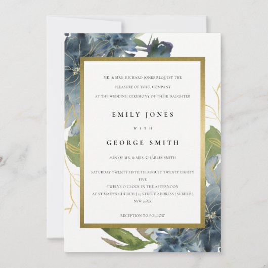 ELEGANT BLUE GREEN GOLD FLORAL WEDDING INVITE BEDANKKAART (Voorkant)