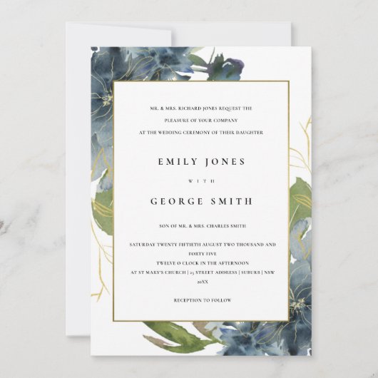 ELEGANT BLUE GREEN GOLD FLORAL WEDDING INVITE BEDANKKAART (Voorkant)