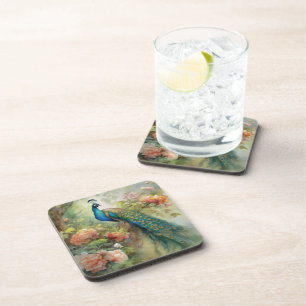 Elegant  Blue Green Peacock Pink Flowers Bier Onderzetter