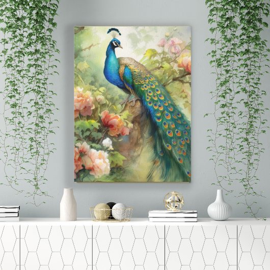 Elegant Blue Green Peacock Pink Flowers Canvas Afdruk