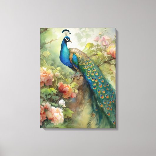 Elegant Blue Green Peacock Pink Flowers Canvas Afdruk (Voorkant)