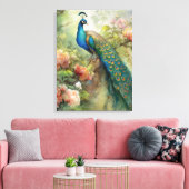 Elegant Blue Green Peacock Pink Flowers Canvas Afdruk (Insitu (Woonkamer))