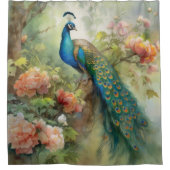 Elegant  Blue Green Peacock Pink Flowers Douchegordijn (Voorkant)