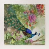 Elegant Blue Green Peacock Pink Flowers Forest Legpuzzel (Horizontaal)