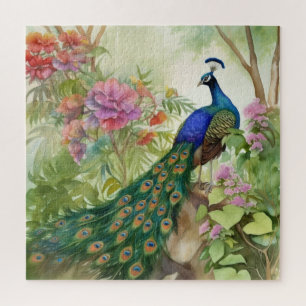 Elegant Blue Green Peacock Pink Flowers Forest Legpuzzel