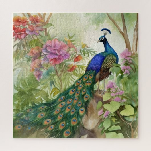 Elegant Blue Green Peacock Pink Flowers Forest Legpuzzel (Verticaal)