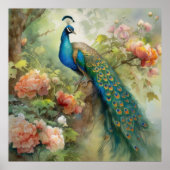 Elegant Blue Green Peacock Pink Flowers Poster (Voorkant)