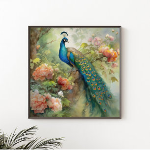 Elegant Blue Green Peacock Pink Flowers Poster