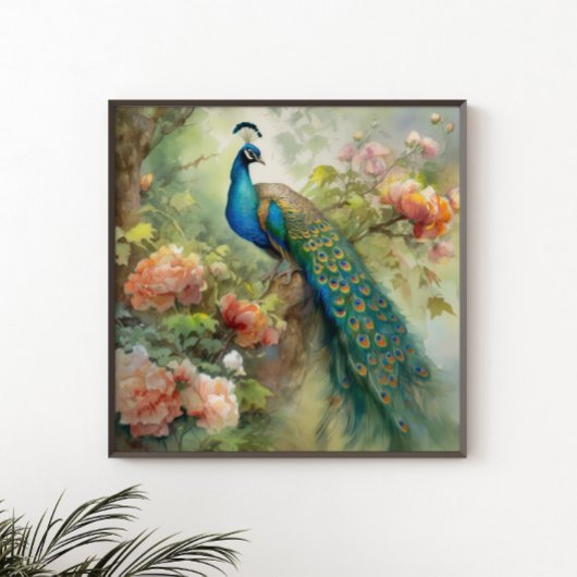 Elegant Blue Green Peacock Pink Flowers Poster