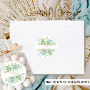 Elegant Blue Green Waterverf, Greenery Wedding Ronde Sticker