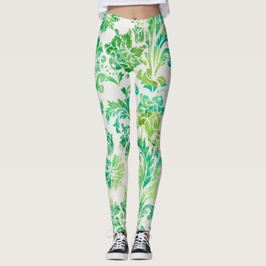Elegant Blue, Green & Yellow Damask Patroon Leggings (Voorkant)