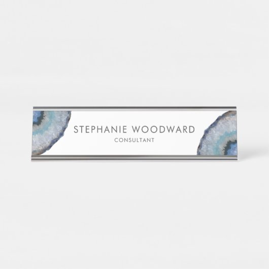 Elegant Blue Grey Agate Geode Desk Name Bord Bureau Naambordje (Voorkant)
