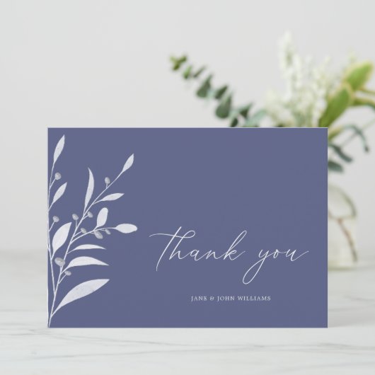 Elegant Blue Grey Foliage Wedding Bedankkaart (Staand voorkant)