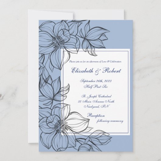 Elegant Blue Hand Drawn Floral Wedding Kaart (Voorkant)