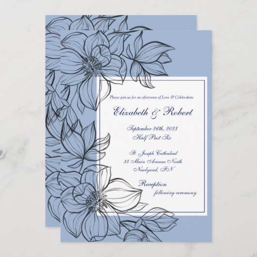 Elegant Blue Hand Drawn Floral Wedding Kaart (Voorkant / Achterkant)