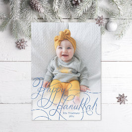 Elegant Blue Hand Lettered Happy Hanukkah Foto Feestdagenkaart