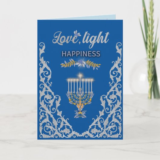 Elegant Blue Hanukkah Menorah Ornamental Kaart (Voorkant)