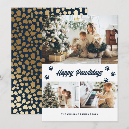 Elegant Blue Happy Pawlidays Gold Stars Foto Feestdagenkaart (Voorkant / Achterkant)