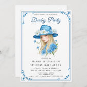 Elegant Blue Hat Garden Party Invitation Kaart (Voorkant / Achterkant)