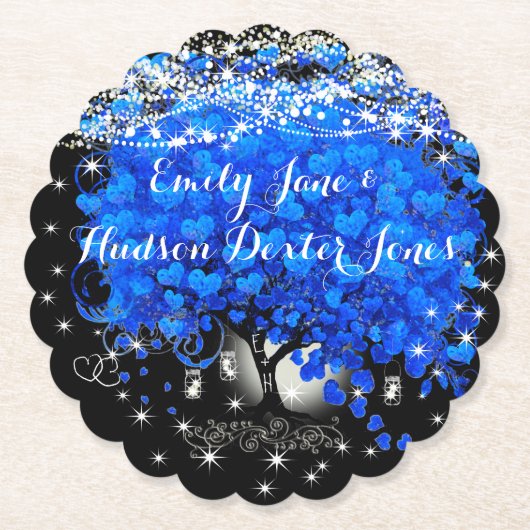 Elegant Blue Heart Leaf Tree Wedding Kartonnen Onderzetters (Voorkant)