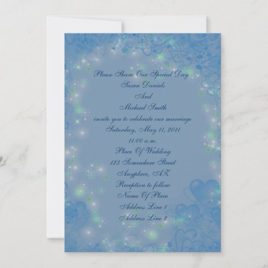 Elegant Blue Hearts Sparkly Lights Wedding Invite Kaart (Voorkant)