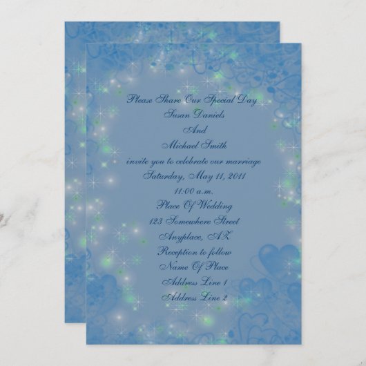 Elegant Blue Hearts Sparkly Lights Wedding Invite Kaart (Voorkant / Achterkant)