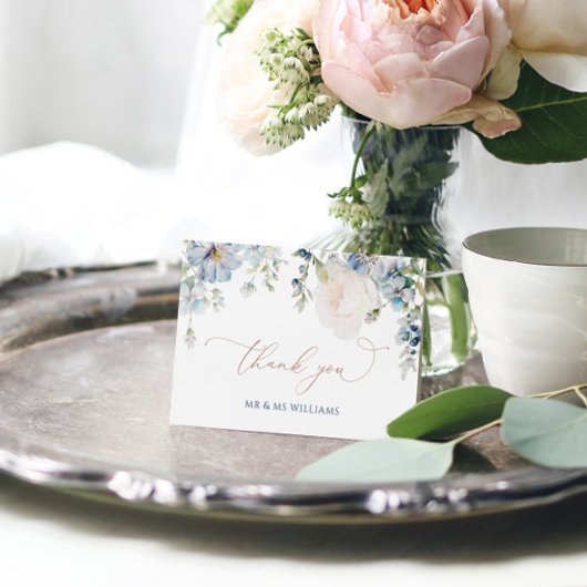 Elegant Blue Hidrangea en Roos Wedding Bedankkaart