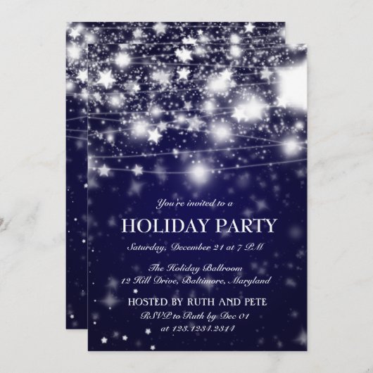 Elegant Blue Holiday Party Shining Stars Kaart (Voorkant / Achterkant)