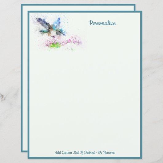 Elegant Blue Hummingbird Personalize Writing Paper (Voorkant / Achterkant)