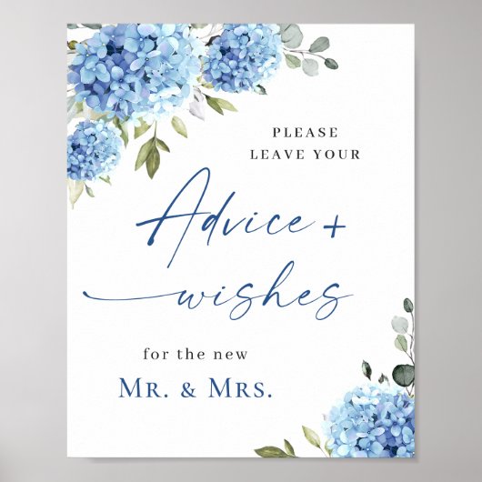 Elegant Blue Hydrangea Advice & Wishes Wedding Poster (Voorkant)