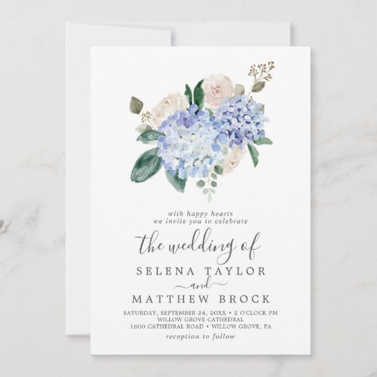 Elegant Blue Hydrangea | Alles-in-één-bruiloft wit Kaart (Voorkant)