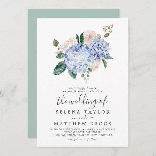 Elegant Blue Hydrangea | Alles-in-één-bruiloft wit Kaart (Voorkant / Achterkant)