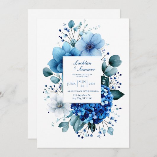 Elegant Blue Hydrangea Anemone Eucalyptus Kaart (Voorkant / Achterkant)