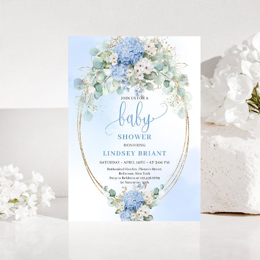 Elegant Blue Hydrangea Baby Shower Gold Invitation Kaart