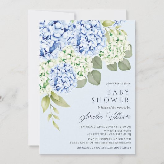 Elegant Blue Hydrangea Baby shower Invitation Kaart (Voorkant)