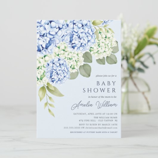 Elegant Blue Hydrangea Baby shower Invitation Kaart (Staand voorkant)