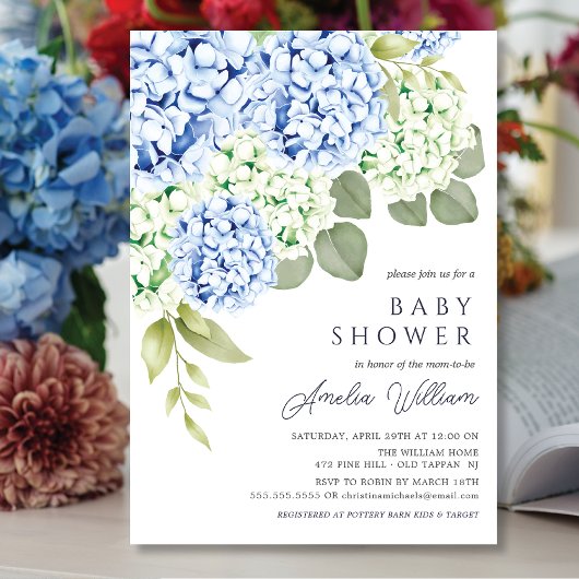 Elegant Blue Hydrangea Baby shower Invitation Kaart