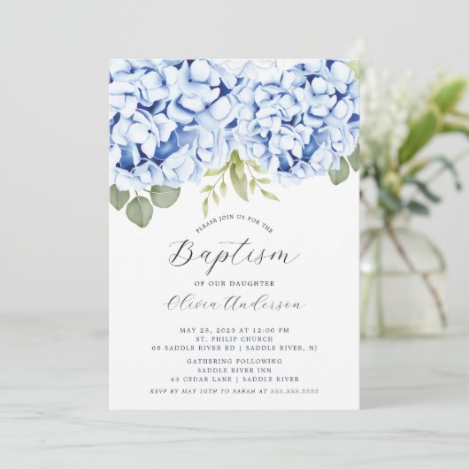 Elegant Blue Hydrangea Baptism Invitation Kaart (Staand voorkant)