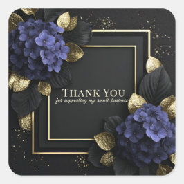 Elegant Blue Hydrangea Black and Gold Leaf Floral Vierkante Sticker