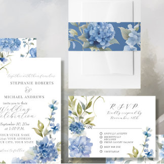 Elegant Blue Hydrangea Bloemen Waterverf Bruiloft Uitnodigingen Wikkel